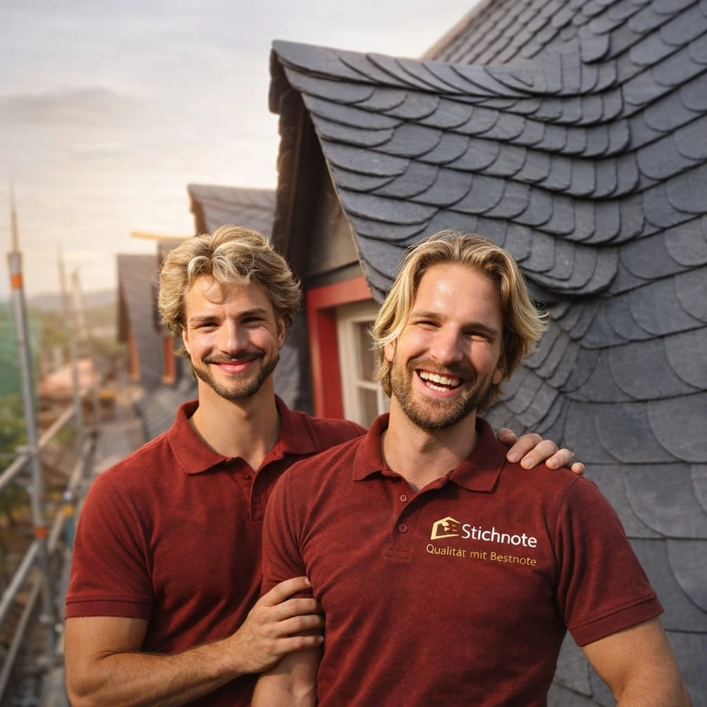 Stichnote - Sanierung der Dachfenster, Dämmung, Brandschutz und Trockenbauwände - Zwei lächelnde Männer in roten Poloshirts stehen vor einem Haus mit Schieferdach; auf einem der Shirts befindet sich das Stichnote-Logo und der Text „Qualität mit Bestnote“.